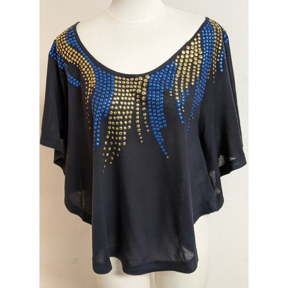 FREE PEOPLE Y2K Blue/Gold Studded Black Circular T-Shirt Top Small - Picture 1 of 10